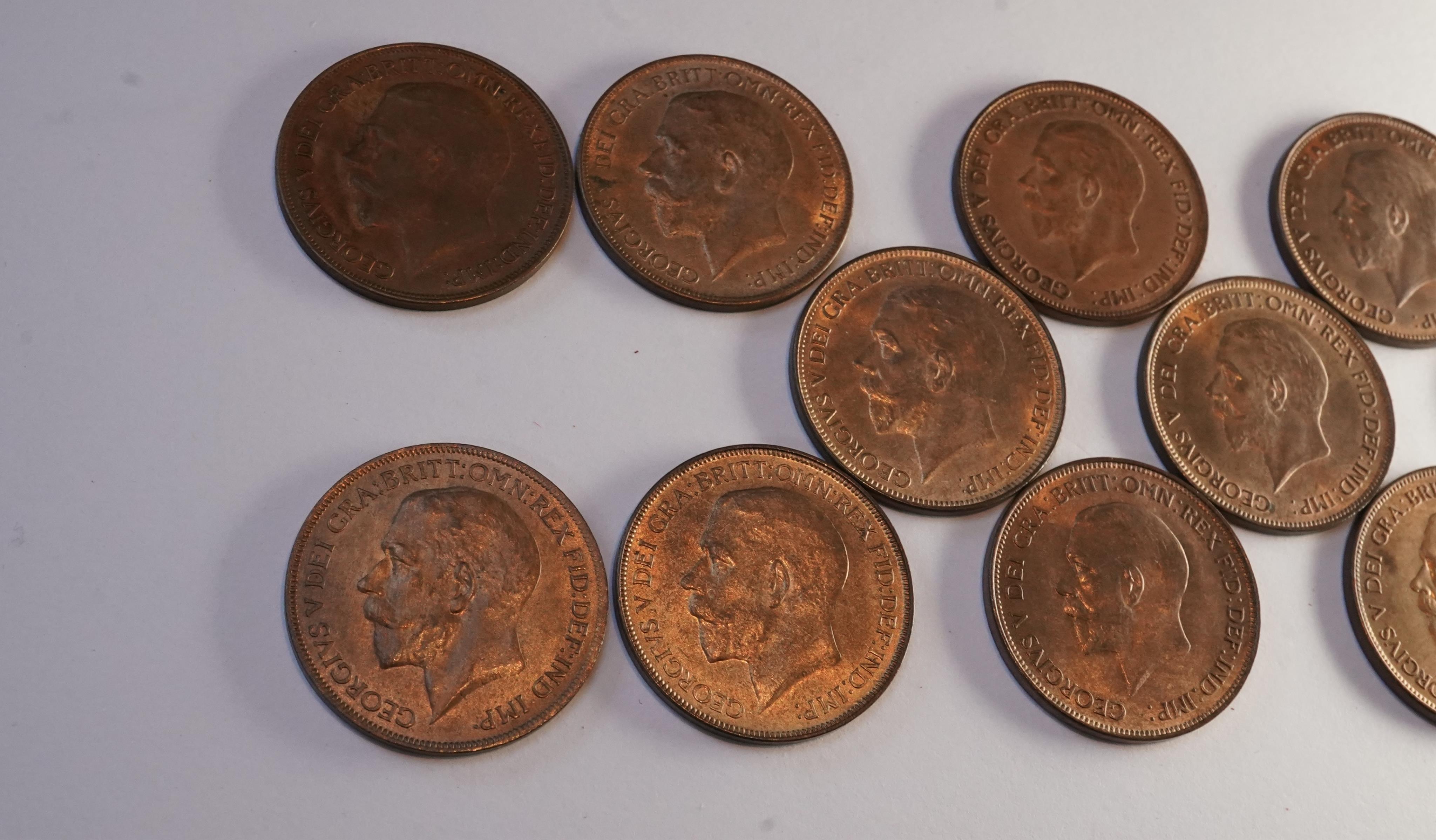 British coins, George V, a date set of thirteen bronze pennies; 1920-1936, excludes 1923, 1924, 1925, 1926 ‘modified head’ and 1933 pennies, good VF to UNC, the majority with lustre, 1934 with original brown toning